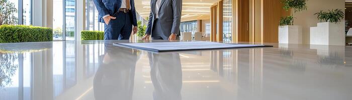 In a bustling, modern office setting, two colleagues are deeply engrossed in a discussion, their focus centered on a document laid out on a sleek, reflective surface The foreground is dominated by photo