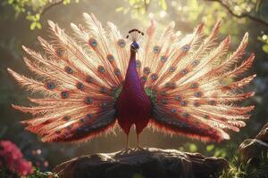 In a burst of iridescent splendor, a vibrant peacock showcases its magnificent plumage, a symphony of colors dancing in the gentle breeze The air is filled with the shimmering hues, a testament to photo