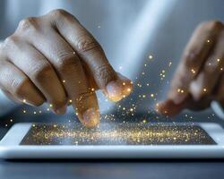 In a captivating close-up, a person interacts with a tablet, their fingers delicately dancing across the screen The device glows with ethereal light, casting a warm and inviting aura The focus is photo