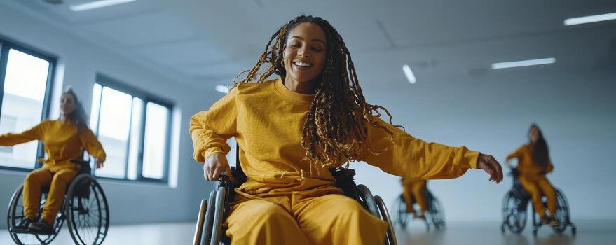 In a brightly lit dance studio, an adaptive dance instructor leads a wheelchair choreography class, radiating creativity and expression The dancers, dressed in matching yellow tracksuits, move photo