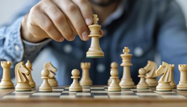In a captivating close-up, a man is deeply engrossed in a strategic game of chess, his brow furrowed in concentration as he contemplates his next move, the chessboard before him a battleground of photo
