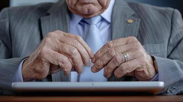 In a close-up photograph, a seasoned financial advisor is deeply engrossed in analyzing market trends with unwavering focus and meticulous attention to detail His hands, weathered by time and photo