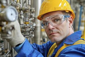 In a close-up photograph, a mechanical engineer is diligently performing maintenance on a complex industrial machinery system He is wearing protective eyewear and a hard hat for safety while working photo