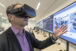 In a cutting-edge augmented reality office, a professional engages with virtual conferencing screens through intuitive hand gestures The seamless integration of technology enhances photo