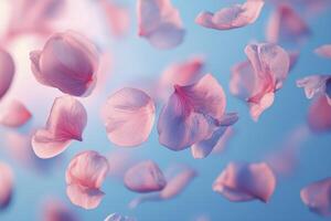 In a dance of ethereal grace, delicate petals twirl and twirl, carried by the unseen breath of the wind The soft-focus lens captures the dreamlike quality, blurring the edges of reality and inviting photo