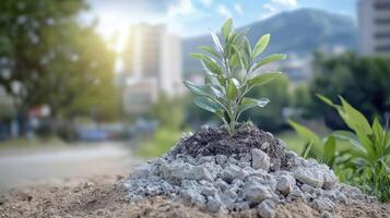 In a desolate expanse of cracked earth, a solitary sprout emerges, its tender leaves reaching towards the sky as an emblem of resilience Despite the harsh conditions and arid surroundings, this tiny photo