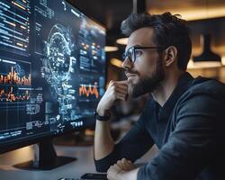 In a contemporary home office, a focused professional is immersed in a remote collaboration with a global team, using advanced holographic screens The setup showcases cutting-edge technology that photo
