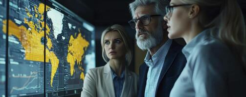 In a dimly lit, modern office, a global marketing team convenes around a massive interactive display Augmented reality enhances the presentation of complex analytics, depicting trends across a photo