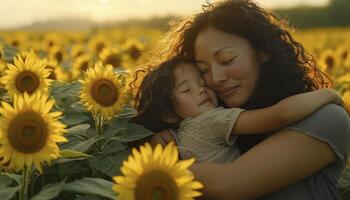 In a field of vibrant sunflowers, a mother and child share a tender moment, inhaling the sweet, earthy fragrance of the blossoms The warm golden tones of the setting sun bathe the scene in a radiant photo