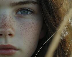 In a field of golden dreams, a young girl stands, her eyes reflecting the boundless sky above, holding a delicate dandelion in her hand With a gentle breath, she releases the seeds, tiny parachutes photo