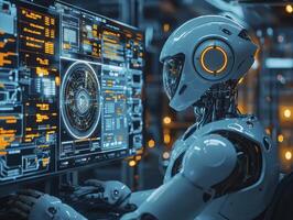 In a futuristic office setting, a sleek, white robotic assistant diligently manages a high-tech call, seamlessly connecting a diverse group of professionals from around the globe The scene photo