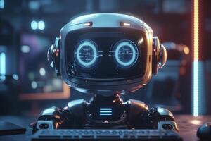 In a futuristic setting, a sleek robotic assistant skillfully manages a high-tech call, showcasing the seamless integration of AI in professional environments The scene highlights diverse photo