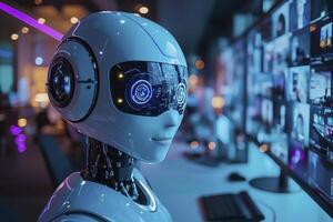 In a futuristic office, a sleek robotic assistant orchestrates a complex conference The robot, designed with smooth white surfaces and glowing optics, focuses intently on the numerous photo