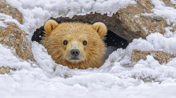 In a frozen expanse, a majestic polar bear stands at the precipice of mystery, cautiously peering into a crevasse carved into the icy terrain The bear's white fur blends seamlessly with the photo