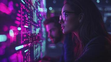 In a futuristic setting, two remote employees collaborate seamlessly through a next-generation quantum communication device, fostering real-time interaction and boosting team productivity The vibrant photo