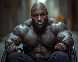In a gritty urban setting, a wheelchair bodybuilder exudes power and determination, flexing his meticulously sculpted muscles after a grueling workout His impressive physique reflects countless hours photo