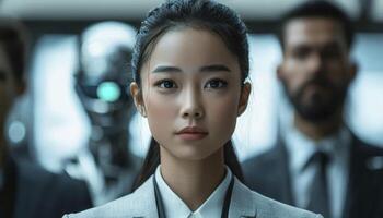 In a futuristic office setting, digital avatars converge for a pivotal business meeting The atmosphere hums with innovation as deep-learning communication models facilitate seamless interaction These photo