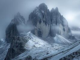 In a hushed realm, where earth kisses sky, jagged peaks emerge, their rocky faces etched by time, veiled in ethereal fog Nature's breath whispers secrets, as clouds dance with mountains, blurring the photo