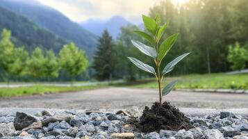 In a landscape often defined by barrenness, a singular plant bravely emerges, symbolizing resilience against insurmountable odds This tiny beacon of hope, standing tall amidst the stark terrain photo
