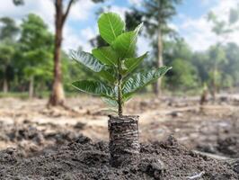 In a landscape scarred by aridity, a solitary sapling emerges, a symbol of resilience and hope Its delicate leaves unfurl towards the sun, seeking sustenance from the harsh environment The barren photo