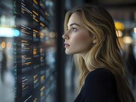 In a modern office, a businesswoman utilizes a voice-controlled AI assistant, skillfully managing her busy schedule and streamlining meeting arrangements The digital interface presents futuristic photo