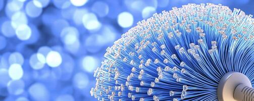 In a mesmerizing macro shot, a symphony of light and technology converges within the intricate structure of a fiber optic cable Tiny filaments, bathed in ethereal blue illumination, dance in harmony photo