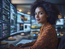 In a modern digital workspace, a focused freelancer engages in a seamless collaboration with a globally distributed team Utilizing advanced, AI-powered project management tools, they navigate complex photo