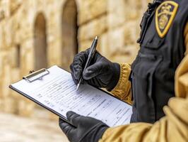 In a moment of quiet contemplation, a police officer stands against a weathered stone wall, the textures telling tales of time and history He holds a clipboard, a tool of order and documentation, pen photo