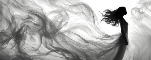In a monochrome world, a woman stands silhouetted, draped in ethereal fabric It billows and flows around her, animated by an unseen wind She breathes deeply, finding solace and strength in the simple photo