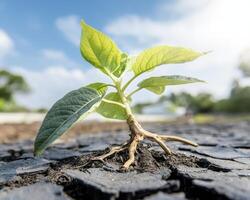 In a parched landscape, a lone plant valiantly emerges, its roots gripping the cracked earth This image captures the essence of resilience, mirroring nature's unwavering spirit in the face of photo