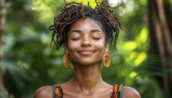 In a peaceful serenity, a smiling woman finds solace, her eyes gently closed, and her heart is filled with joy The soft breeze caresses her face, as if nature is whispering secrets of tranquility She photo