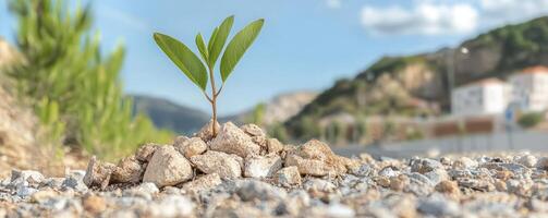 In a parched landscape, where the earth is cracked and barren, a tiny sprout pushes upwards, a symbol of resilience and hope against adversity Its delicate leaves reach for the sunlight, undeterred photo