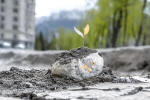 In a parched landscape, where the sun beats down with relentless intensity, a solitary seedling bravely pushes through the cracked, arid soil Its tender leaves, a vibrant splash of green against the photo
