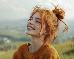 In a picturesque landscape, a woman exudes pure joy Her laughter resonates with the freedom of open spaces, as the wind playfully dances through her vibrant, auburn hair The backdrop unfolds into photo
