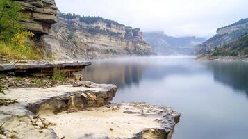 In a realm of ethereal beauty, a majestic river gracefully meanders through a valley embraced by a gentle, swirling mist The water's pure clarity unveils the riverbed, smooth and untouched Sun-kissed photo