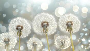 In a realm of ethereal beauty, dandelion seeds take flight, carried by gentle breezes, embodying aspirations and dreams set free Each delicate parachute dances in the sunlight, a symbol of hope and photo