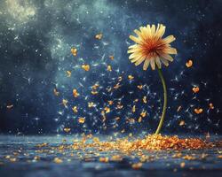 In a realm of gentle breezes, a delicate dandelion clock stands poised, its myriad seeds yearning to break free and dance upon the wind's breath, each tiny parachute carrying a whisper of hope and photo