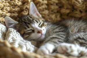 In a realm of gentle hues, where tranquility resides, a cozy cat succumbs to slumber in a knit basket, its slow breathing echoing peace Soft light dances, caressing its fur as it dreams of chasing photo