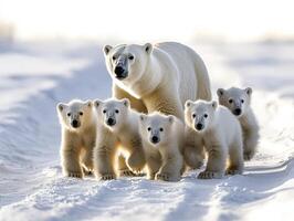 In a realm of perpetual snow, a beacon of maternal dedication emerges, casting a poignant tale of survival against the backdrop of an unforgiving Arctic wilderness A majestic polar bear mother photo