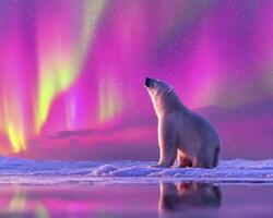 In a realm of icy plains and celestial wonders, a solitary polar bear stands in awe beneath the mesmerizing dance of the Northern Lights The vibrant hues of emerald, sapphire, and amethyst paint the photo