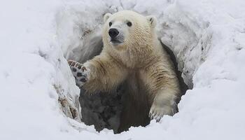 In a realm of perpetual winter, a majestic polar bear undertakes a solitary quest, its massive frame moving with surprising grace The creature approaches the precipice of an icy chasm, a gateway to photo