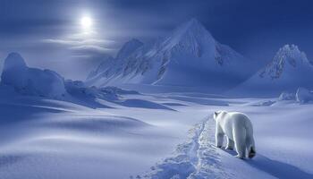 In a realm of stark beauty, a majestic polar bear embarks on a solitary journey across a vast, pristine expanse of untouched snow The landscape, bathed in the ethereal glow of a distant sun photo