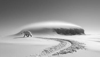 In a realm of unending white, a polar bear, a symbol of resilience, traverses a pristine landscape Its solitary journey etches a single trail across the untouched snow, a testament to its existence photo