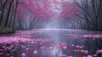 In a realm where cherry blossoms paint the air with delicate hues, a serene stream meanders, whispering tales of tranquility Soft petals, like fleeting dreams, dance upon the water's surface photo