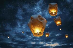 In a realm where dreams intertwine with reality, glowing lanterns ascend to the heavens, casting an ethereal glow upon the velvety canvas of the night sky Each lantern carries whispers of hope and photo