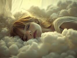 In a realm where dreams take flight, a young woman finds solace resting upon a cloud of cotton Her tranquil repose, a symphony of serenity, whispers tales of ethereal beauty and gentle escape The photo