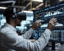 In a realm where innovation intertwines with data-driven insights, a business analyst skillfully navigates the complexities of the global market through a cutting-edge VR interface Seamlessly photo