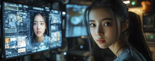 In a realm where innovation and connectivity converge, a stunning smart holographic monitor takes center stage, showcasing a multilingual conference, revolutionizing global communication photo