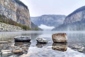In a realm where serenity reigns, a dreamy river meanders, its waters possessing unparalleled clarity Mystical fog dances above, weaving an enchanting veil that enhances the ethereal beauty of the photo