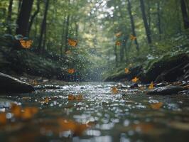 In a realm where sunlight dances with emerald leaves, a stream glistens, its waters whispering secrets to the ancient trees that line its banks, butterflies flutter like confetti, their wings painted photo